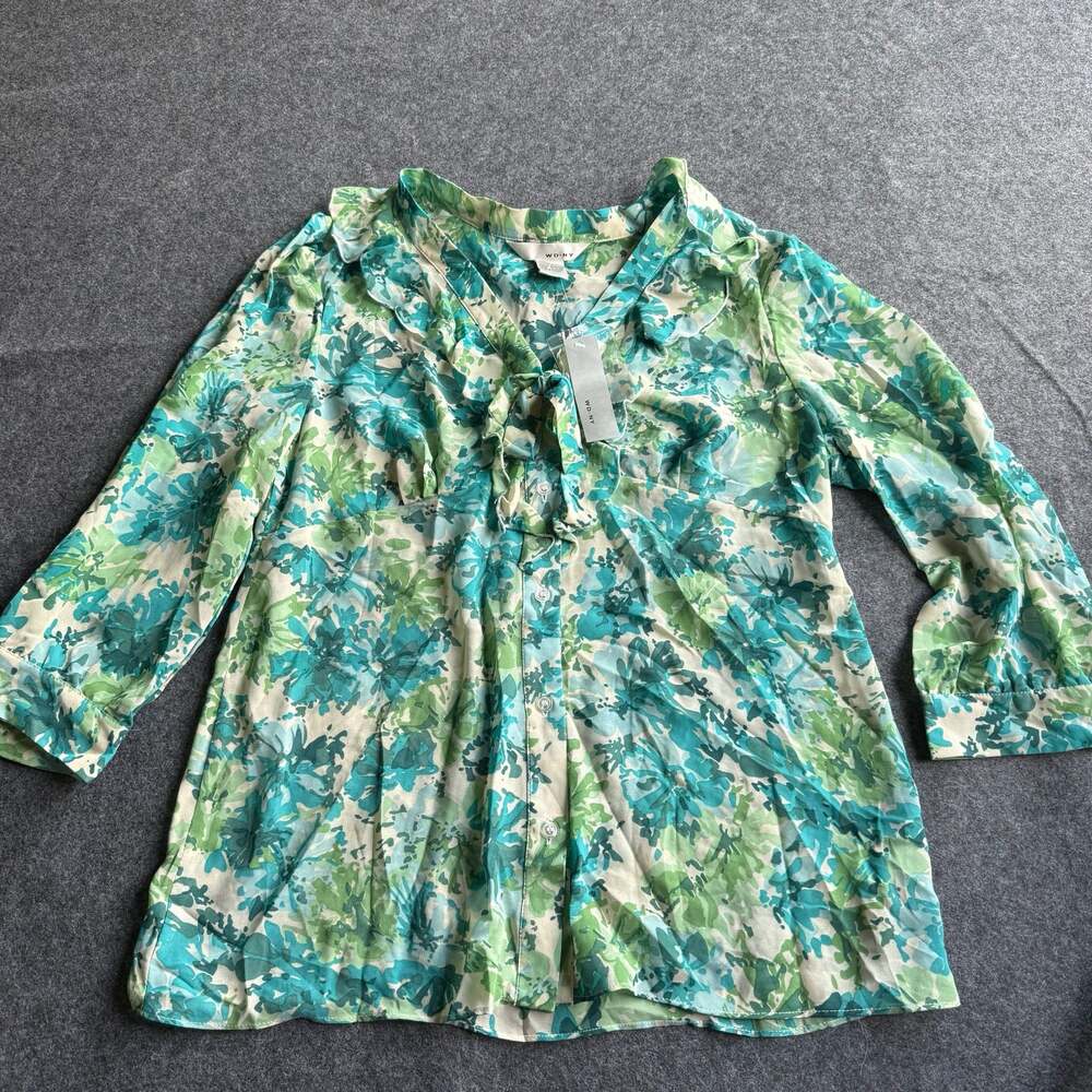 WD·NY Women's Floral Ruffle  Button  Blouse Size 12 Y2K